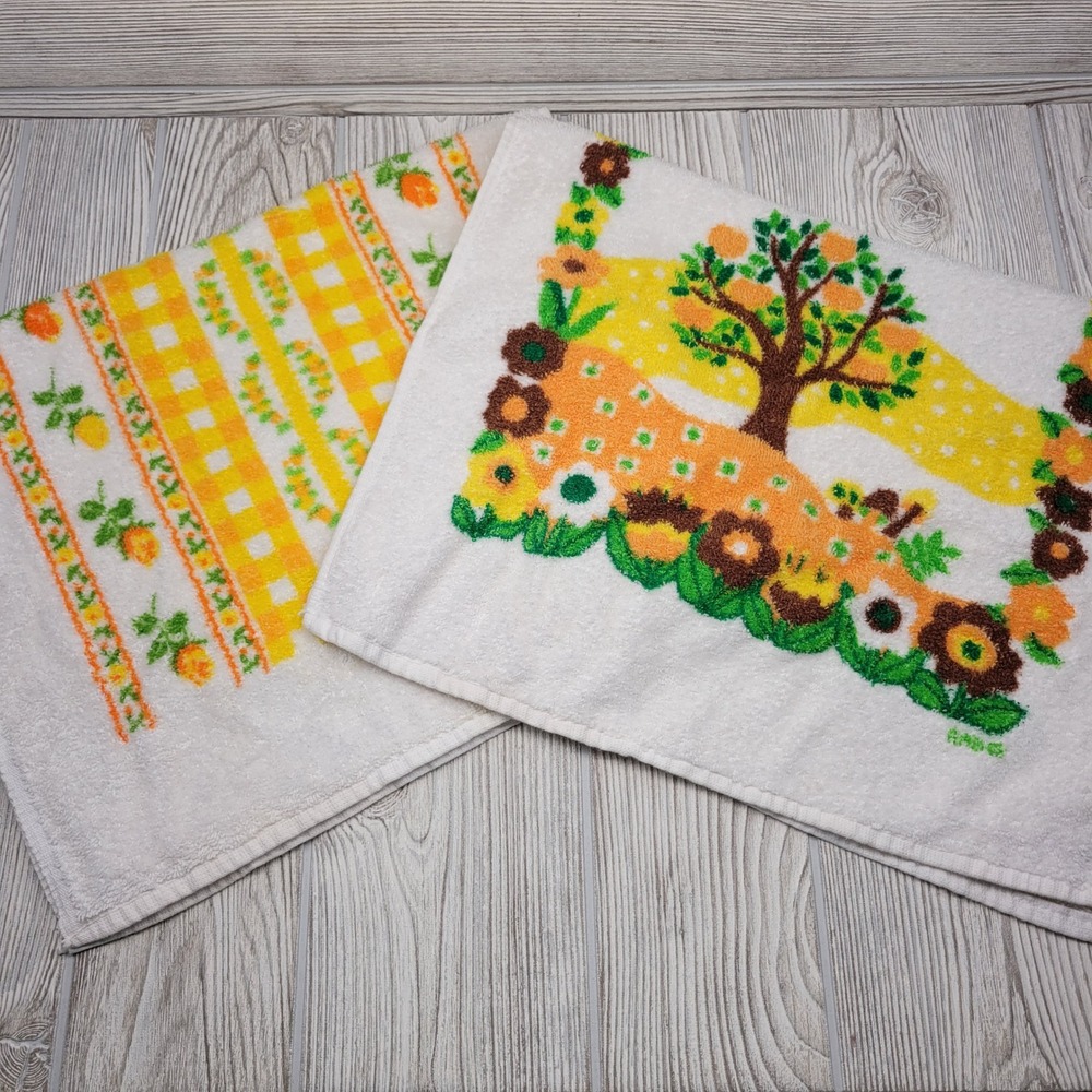 Dundee Hand Towel Set White Yellow Orange Floral Tree Gingham 2pc MCM Vtg